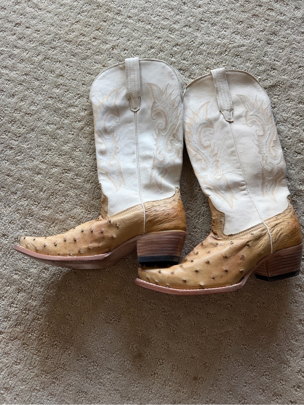 freebird White Shaft Tan Ostrich Western Heeled Boots - Women